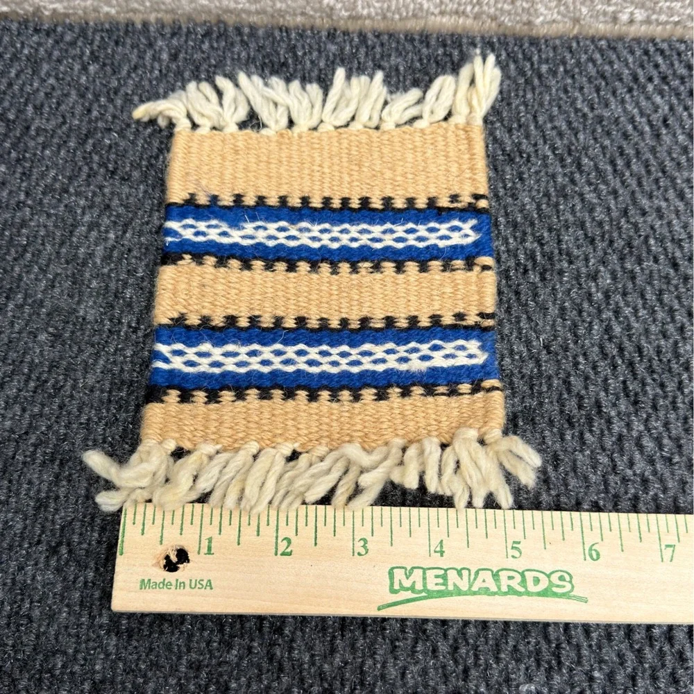 Vintage Southwestern Hand Woven Wool Coasters Set of 8 Mini Rugs Fringed Boho